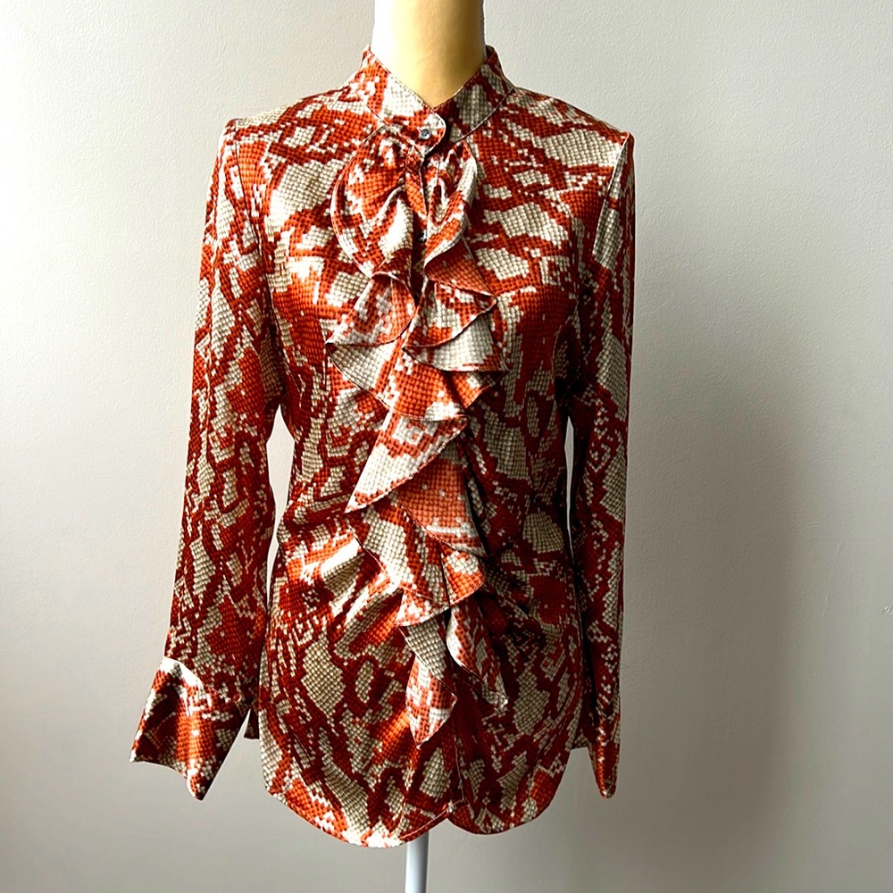 SILK Elegant Button Up Blouse Ruffle Snake Print Pumpkin Orange Size Large NWT